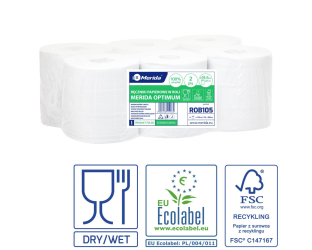 Merida Ręczniki papierowe w roli OPTIMUM MAXI, białe, średnica 19,5 cm, długość 150 m, dwuwarstwowe, zgrzewka 6 rolek, ECOLABEL (ROB105)