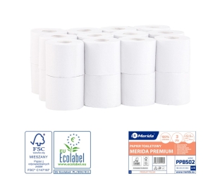 Merida Papier toaletowy PREMIUM, biały, średnica 12,5 cm, długość 50 m, trzywarstwowy, worek 24 szt., ECOLABEL (PPB502)